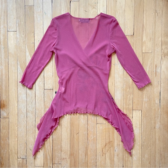 Y2K Fairy Miss Tee Rose Pink Mesh Surplice Floral Sequin Detail Flowy Top Medium - Picture 4 of 5